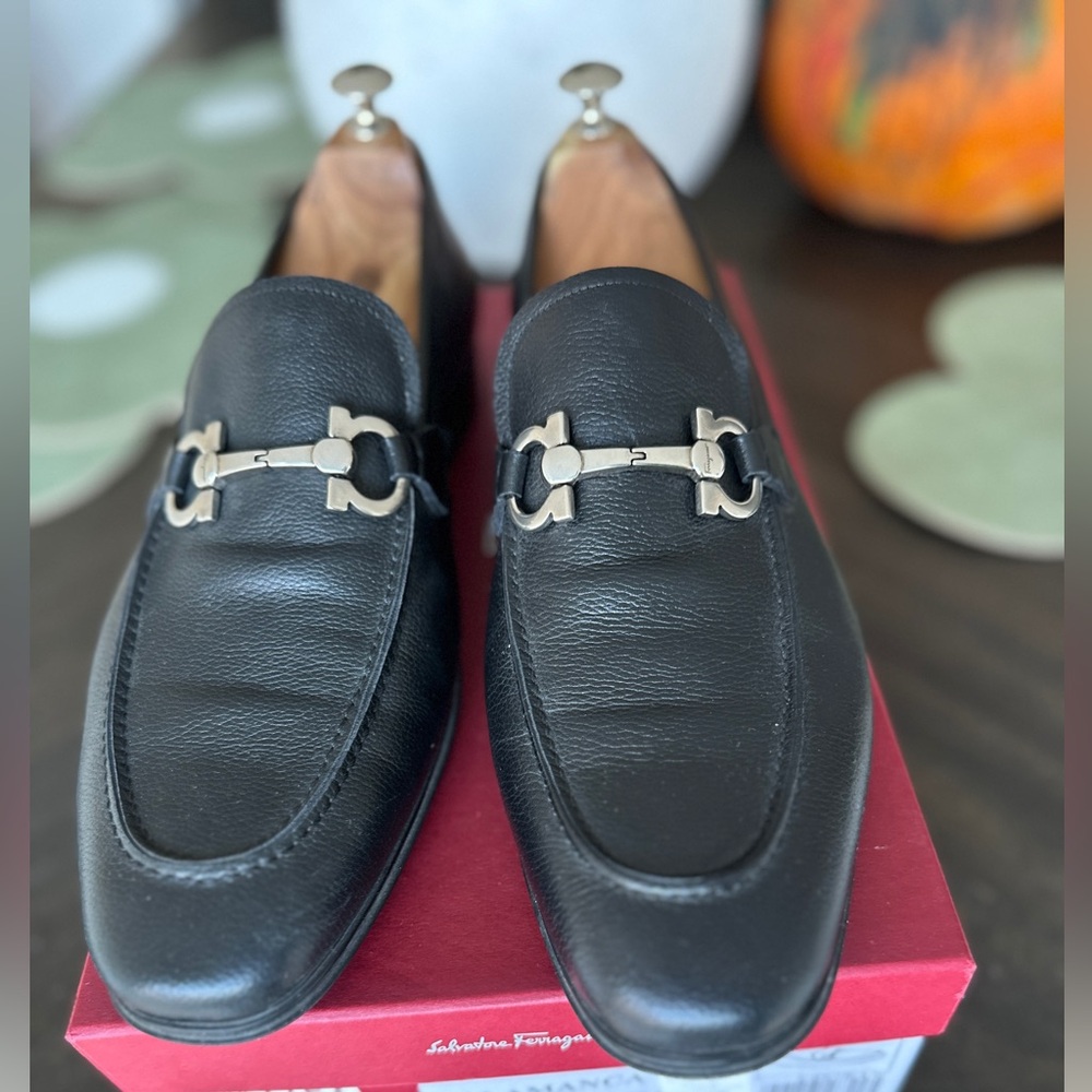 Salvatore Ferragamo Black Leather Loafers Gancini